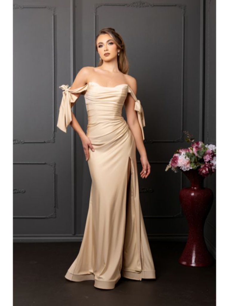 Champagne Gala Long Cowl Neck Off The Shoulder Trumpet Dress By May Queen Mq1858